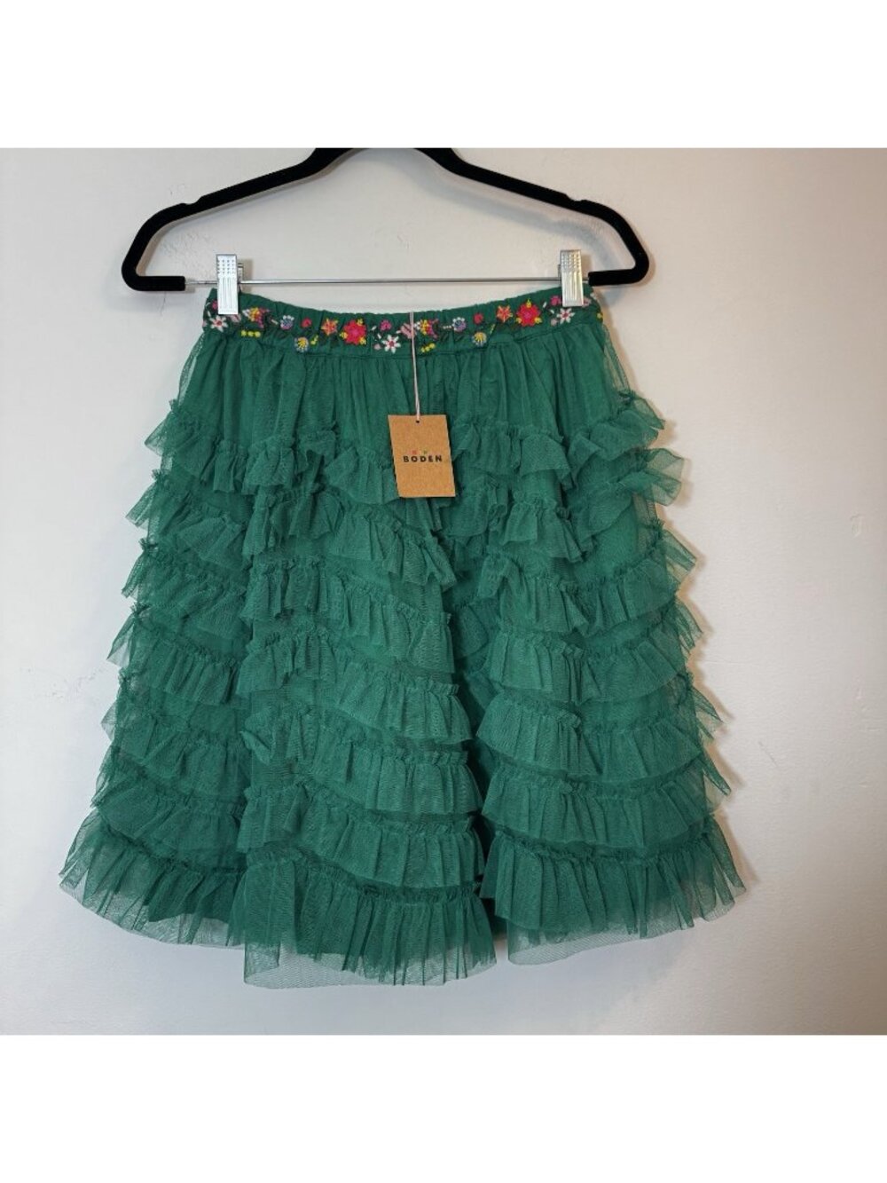 Mini Boden Girls Tiered Tulle Ruffle Skirt Size 11/12 Green Embroidered New